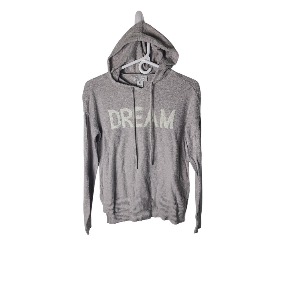 Rachel Zoe Sweater Womens Small Gray Hooded DREAM Graphic Knit Pullover Cozy